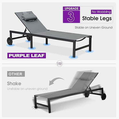 PURPLE LEAF Outdoor Tanning Lounge Chair Set with Face Hole Aluminum Adjustable Chairs Wheels Pillows and Table for Poolside Beach Patio Reclining Sunbathing Lounger Grey