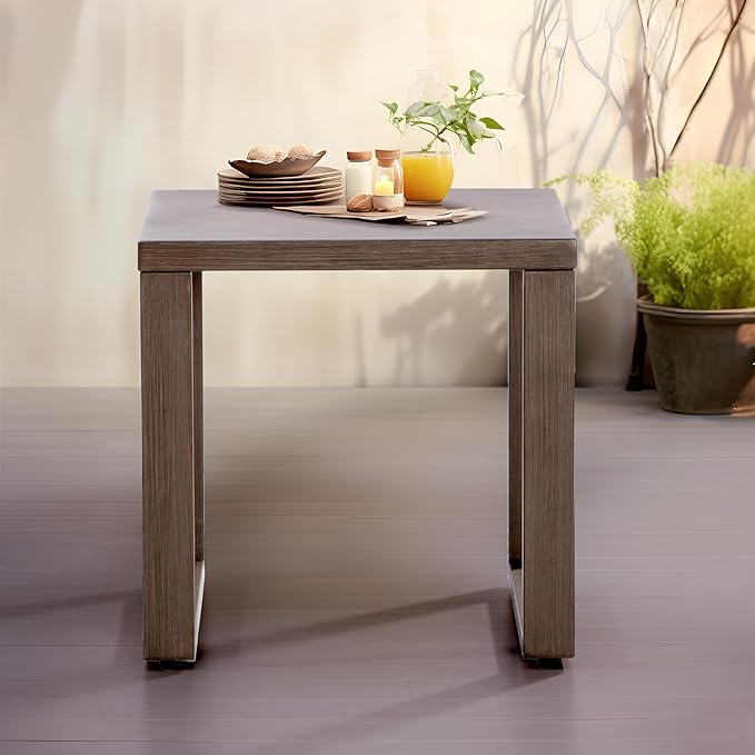 Joyside Outdoor Metal Side Table - 20"x 20" Small Square Coffee Table Patio Bistro Set Table Ideal Match for Patio Furniture, Wood-Looking Brown