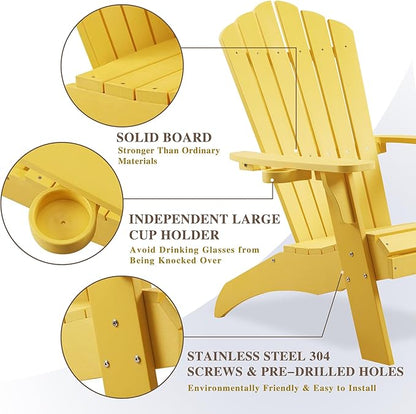 Psilvam Adirondack Chair, Oversized Poly Lumber Fire Pit Chair with Cup Holder, 350Lbs Support Patio Chairs for Garden, Weather Resistant Adirondack Chair Looks Like Real Wood (2, Yellow)
