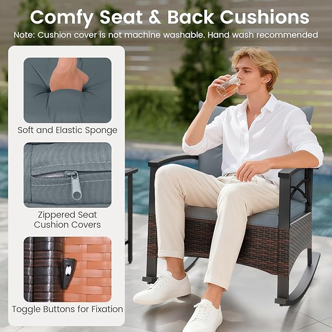 ORALNER 3-Piece Wicker Rocking Chair Set, Outdoor Cushioned Rocker and Acacia Wood Side Table, 400lbs Capacity, PE Rattan Patio Conversation Bistro Set for Porch, Garden, Deck, Poolside, Yard (Gray)