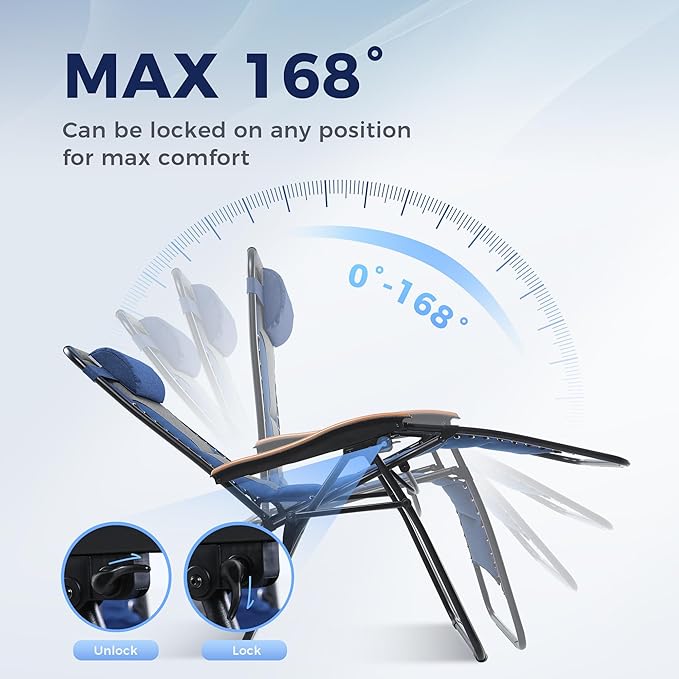 MAISON ARTS Oversized XXL Padded Zero Gravity Chair Set of 2, 30" Wide Seat Foldable Patio Recliner, Anti Gravity Outdoor Lawn Chair with Cup Holder & Pillow, Supports 400lbs, Blue & Grey