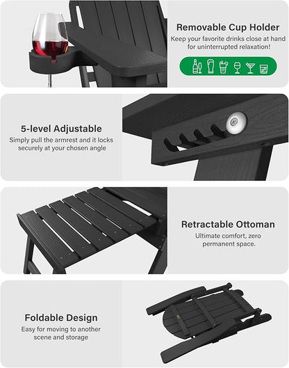 YEFU Adjustable Adirondack Chair with Retractable Ottoman Set of 8,Folding Adirondack Chair with Cup-Holder, Outdoor Chairs with Footrest,Weather Resistant Fire Pit Chairs,for Patio Lawn