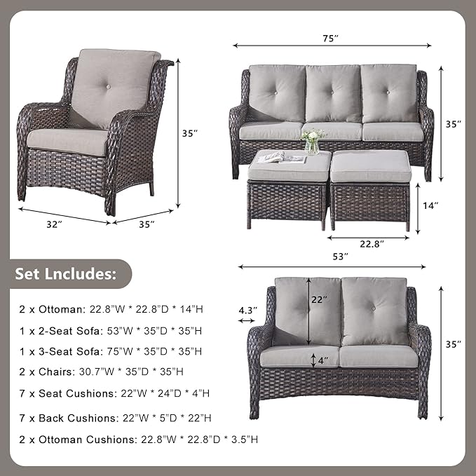 Rilyson Wicker Patio Furniture Set - 6 Piece Rattan Outdoor Sectional Conversation Sets with 1 Sofa, 1 Loveseat - Photo 2