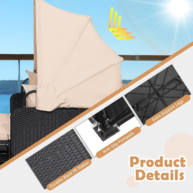 Moccha Outdoor Daybed with Retractable Canopy, Wicker Cabana with 2 Side Tables & Soft Cushions - Photo 8