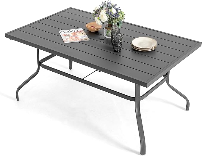 NUU GARDEN Outdoor 61" x 37" Rectangle Dining Table with 1.57" Umbrella Hole, 6-Person Steel Slat Outdoor Patio Table - Photo 1