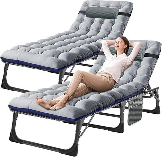 DoCred Folding Lounge Chair with Mattress, 5 Position Adjustable Folding Sleeping Bed Cot Chaise Lounge Chairs Perfect for Sunbathing, Camping, Pool, Beach, Patio