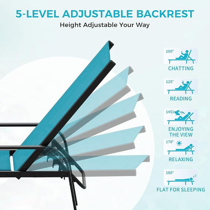 Outdoor Lounge Chair, Adjustable Patio Reclining Chaise with Textilene Fabric, Pool Lounge Chair with 5-Position Backrest for Patio, Garden, Poolside & Balcony,Sky Blue Set of 2