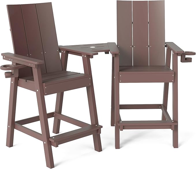 Tall Adirondack Chair Set of 2, HDPE Balcony Chairs with Connecting Tray, Two Cup Holders, All-Weather Adirondack Bar Stools for Patio, Balcony, Backyard, Poolside, Coffee
