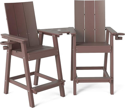 Tall Adirondack Chair Set of 2, HDPE Balcony Chairs with Connecting Tray, Two Cup Holders, All-Weather Adirondack Bar Stools for Patio, Balcony, Backyard, Poolside, Coffee