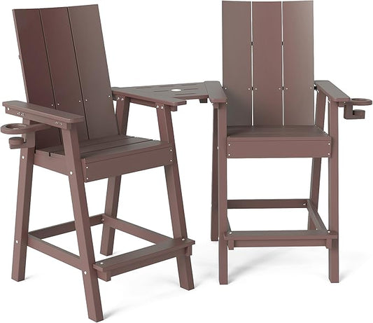 Tall Adirondack Chair Set of 2, HDPE Balcony Chairs with Connecting Tray, Two Cup Holders, All-Weather Adirondack Bar Stools for Patio, Balcony, Backyard, Poolside, Coffee