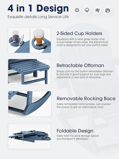 KINGYES Adirondack Rocking Chair Set of 4 with Retractable Ottoman and Cup Holders, HDPE Adirondack Rocker Patio Rocking Chair for Porch, Patio, Balcony, Deep Blue