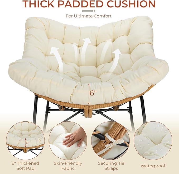 TLSUNNY Outdoor Papasan Rocking Chair, Oversized Padded Lounge Rocker with Cushion, Comfy Wicker Egg Lounge Chair - Photo 4