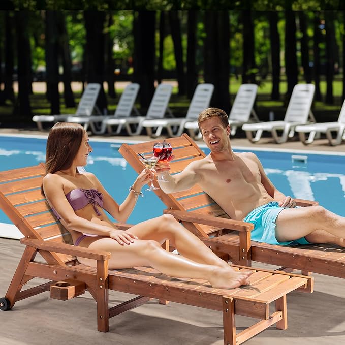 VINGLI Outdoor Chaise Lounge Chair, Wooden Patio Lounger Chair with Adjustable Backrest - Photo 2