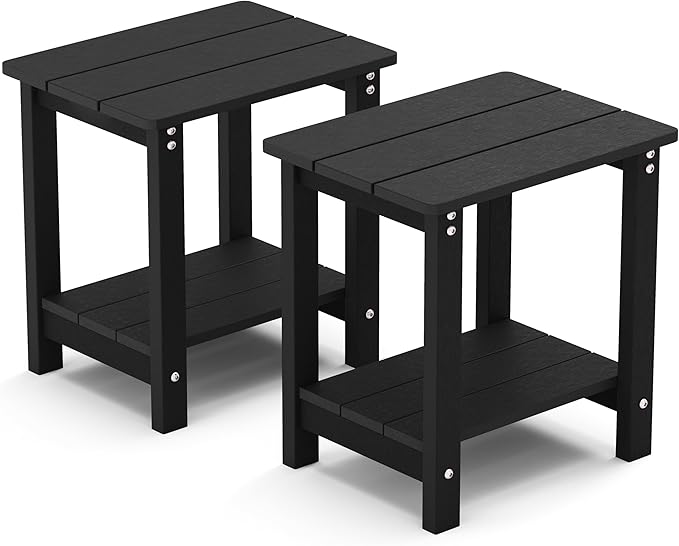 MXIMU Outdoor Side Table for Patio: 16" HIPS Weatherproof Adirondack Table Set of 2 - Small End Tables with Storage for Outside Porch Deck Pool Lawn Garden - 2 Tier Easy Assembly No Maintenance Black