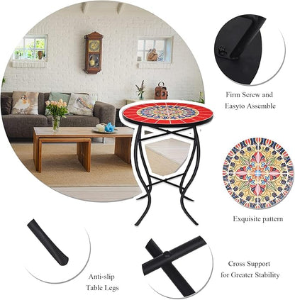 VCUTEKA Mosaic Outdoor Side Table, 14" Round Small Patio Accent Table Indoor End Table for Yard, Garden, Living Room, Bistro Balcony or Lawn Red