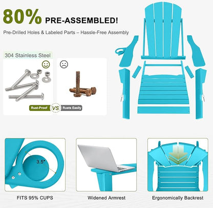 Outdoor Rocking Chairs Set of 4, HDPE Poly All-Weather Patio Rocking Chairs with Cup Holder for Adults, Porch Rocker for Deck Patio Balcony, 440lbs, Turquoise