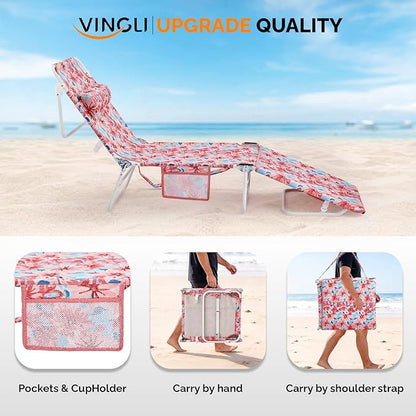 VINGLI Tanning Chair, Beach Lounge Chair with Face Hole, Lounge Chair Outdoor, Height-Adjustable Tanning Lounger, Anti-Tip Design, Carrying Bag, 475lbs, Flower