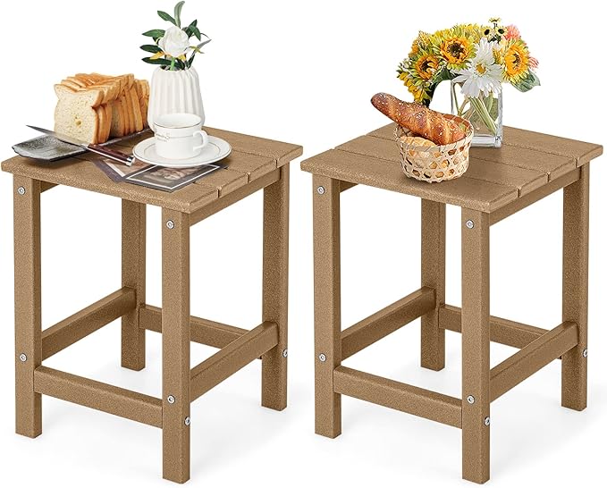 Tangkula Square Outdoor Side Table, Weather Resistant HDPE Adirondack Table, Outdoor Chairside End Tables for Lawn Garden Balcony, Easy Assembly, Patio Side Table, 14 x 14 x 18.5 Inch (2, Brown)