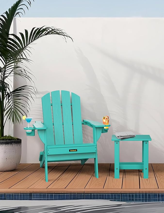 Folding Adirondack Chair Set of 2, Wooden Textured Plastic Adirondack Chairs with 2 Cup Holder, Weather Resistant HDPE Fire Pit Chair, Outdoor Patio Chairs for Garden, Backyard, Lawn, Deck, Lake Blue