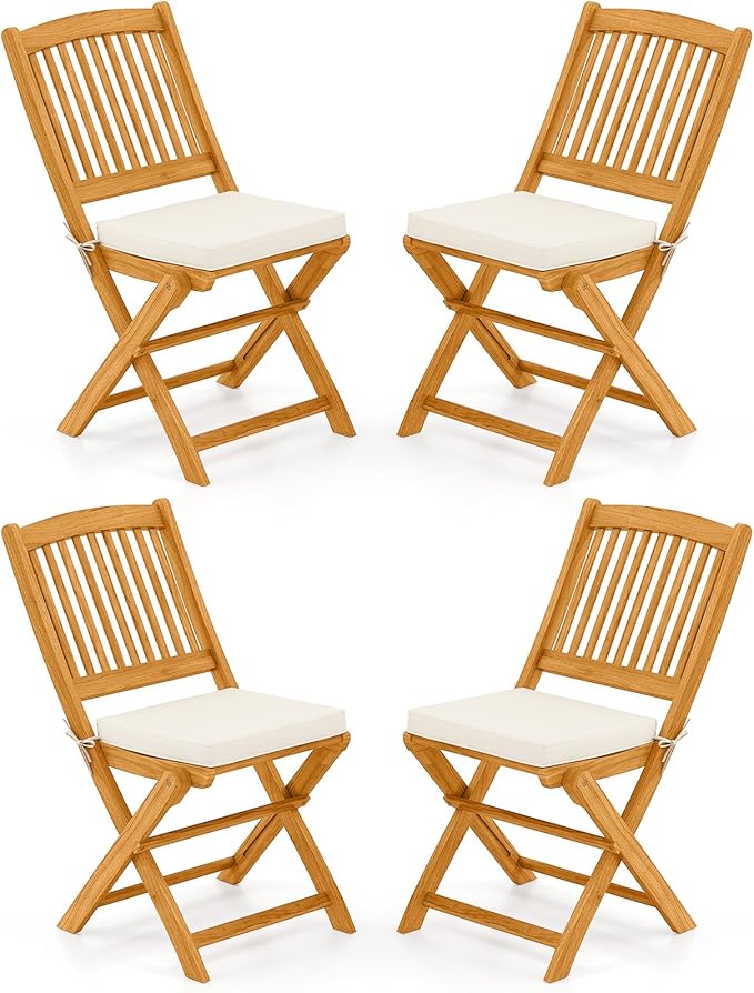 Tangkula 4 Pieces Folding Outdoor Dining Chairs, Acacia Wood Patio Chairs with Soft Cushions, Slatted Backrests and Seats, Outdoor Chairs for Porch, Balcony, Deck and Yard (4, Beige, One-Size)