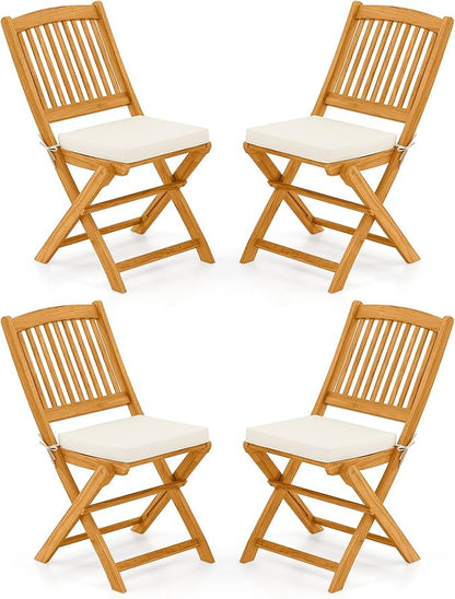 Tangkula 4 Pieces Folding Outdoor Dining Chairs, Acacia Wood Patio Chairs with Soft Cushions, Slatted Backrests and Seats, Outdoor Chairs for Porch, Balcony, Deck and Yard (4, Beige, One-Size)