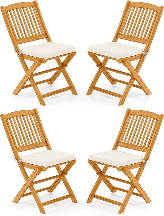 Tangkula 4 Pieces Folding Outdoor Dining Chairs, Acacia Wood Patio Chairs with Soft Cushions, Slatted Backrests and Seats, Outdoor Chairs for Porch, Balcony, Deck and Yard (4, Beige, One-Size)