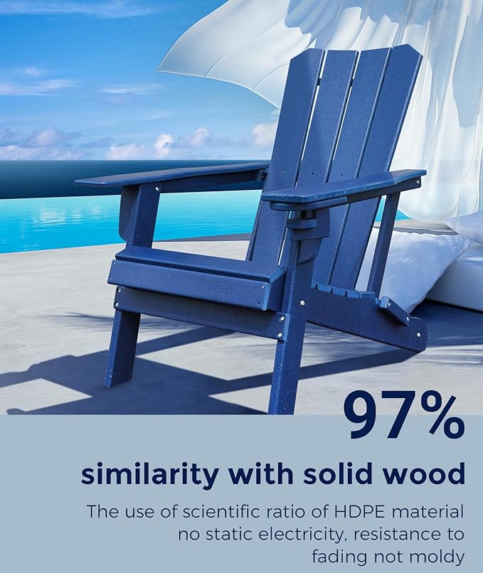Adirondack Chair Oversized Folding Adirondack Chairs Recyclable HDPE Modern Adirondack Chair with Cup Holder Poly Lumber Patio Chairs for Pool Patio Garden Outdoors Fire Pit Blue