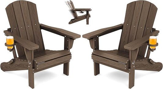 SERWALL Folding Adirondack Chair Set of 2, Adjustable Adirondack Chair with 3 Recline Positions, All Weather HDPE Outdoor Adirondack with Cup Holders, Coffee