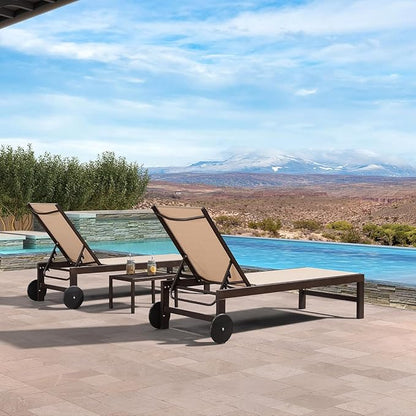 PURPLE LEAF Outdoor Chaise Lounge Chair Set of 2, Pool Lounge Chairs for Outside, Aluminum Patio Chaise Loungers with Adjustable Backrest and Wheels for Deck, Lawn, Garden, Cream