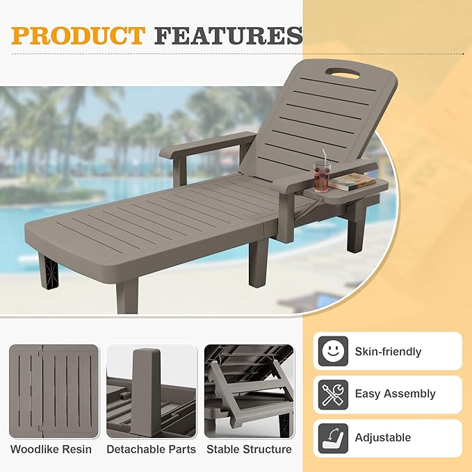 UDPATIO Outdoor Lounge Chair Set of 2 with Arms, Resin Reclining Patio Chaise with Side Table - 5-Position Adjustable Sunbed, Waterproof Pool & Beach Reclining Chair