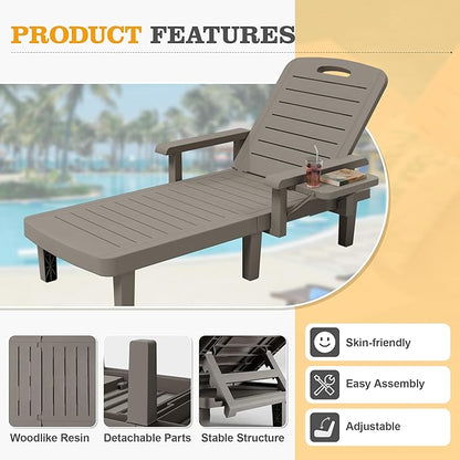 UDPATIO Outdoor Lounge Chair Set of 2 with Arms, Resin Reclining Patio Chaise with Side Table - 5-Position Adjustable Sunbed, Waterproof Pool & Beach Reclining Chair