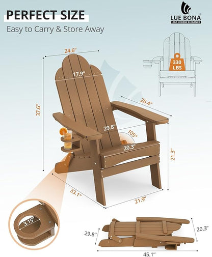 LUE BONA Folding Adirondack Chair, Chairs Set of 4, Cup Holder, Woodgrain, Fire Pit, Patio, Pool, Brown