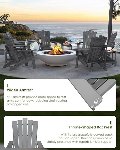 GREENVINES Folding-Adirondack-Chairs-Set-of-2 | HDPE Plastic | Throne Series | Fire Pit Chair | with Connecting Tray | Removable Table | All Weather | for Outdoor Patio Deck Poolside | Grey