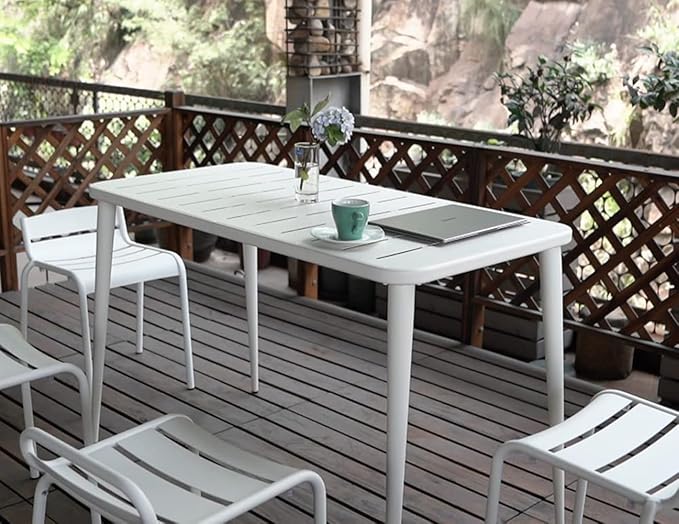 Modern Patio Table for 4-6 People Metal Dining Table for Outdoor&Indoor Office Computer Meeting Desk Home Cafe Table Lawn Backyard Balcony Kitchen Office 47.2" Lx23.6 Wx30 H… (White)