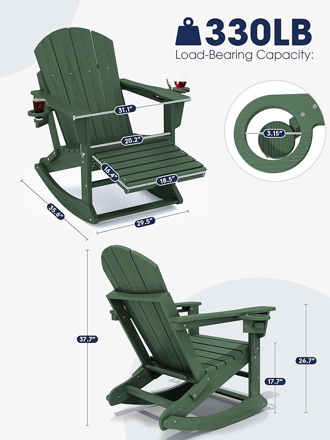 KINGYES Adirondack Rocking Chair Set of 4 with Retractable Ottoman and Cup Holders - Photo 2