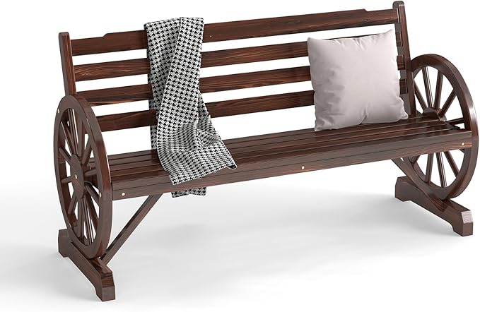 kinbor 55" Wooden Rustic Wagon Wheel Bench, Outdoor Bench Seat, Patio 2-Person Bench with Backrest