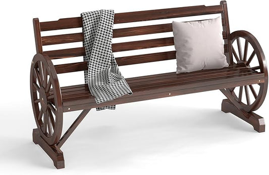 kinbor 55" Wooden Rustic Wagon Wheel Bench, Outdoor Bench Seat, Patio 2-Person Bench with Backrest