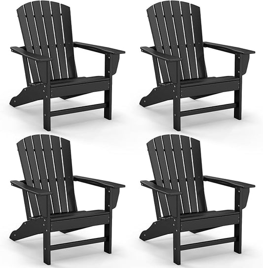GREENVINES Adirondack Chairs Set of 4 | HDPE Plastic | Oversized Fire Pit Chair | All Weather | Black | Poly Lumber | for Outdoor Deck Backyard Patio Garden