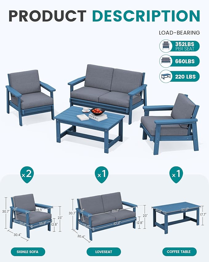 SERWALL 4 Piece HDPE Outdoor Furniture Set, All Weather Wood-Like Outdoor Sofa Sectional Couch - Photo 2