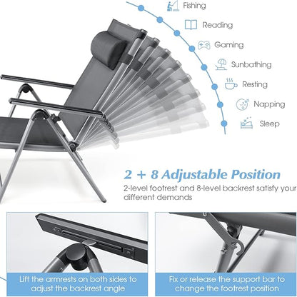 Giantex Outdoor Chaise Lounge Chair - Set of 2 Folding Lounge Chair w/ 8-Level Adjustable Backrests, Aluminum Frame, Cozy Headrest Pillow, Patio Recliner for Backyard Poolside Balcony (2, Gray)