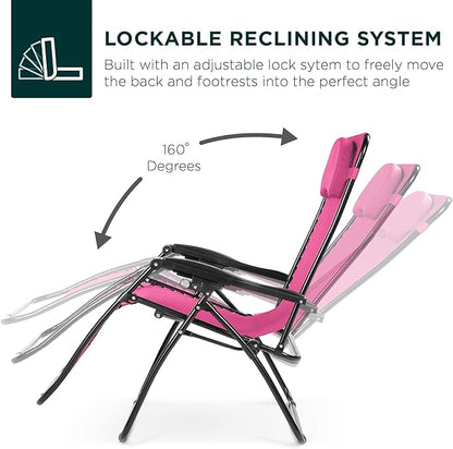 Best Choice Products Oversized Zero Gravity Chair, Folding Outdoor Patio Lounge Recliner w/Cup Holder Accessory Tray, Pillow - Hot Pink/Black