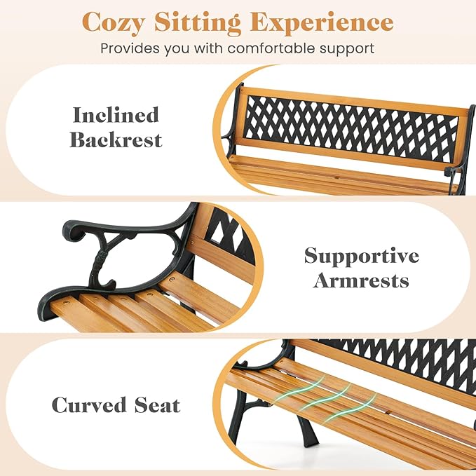 Giantex 49.5" 3-Person Outdoor Bench with Lattice Pattern Backrest, 470 Lbs Capacity, Slatted Seat, Curved Armrests - Photo 5
