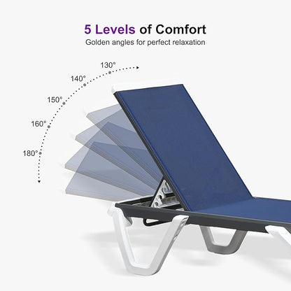 PURPLE LEAF Outdoor Chaise Lounge Set of 2 Plastic Pool Lounge Chair with Aluminum Frame Stackable Patio Tanning Chairs for Poolside Sunbathing Beach Deck Yard, Navy Blue