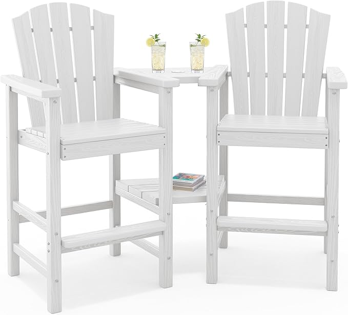 KINGYES Embossed Balcony Chair, Tall Adirondack Chair Set of 2, All Weather HDPE Bar Height Adirondack Chair with Double Connecting Trays, Outdoor Adirondack Barstools, High Airondack Chair, White