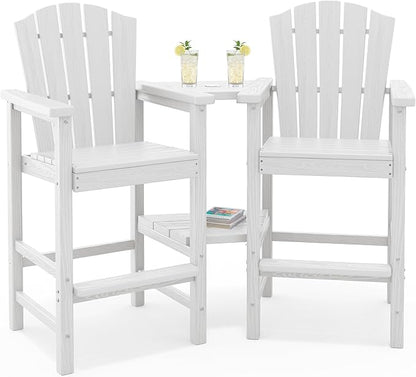 KINGYES Embossed Balcony Chair, Tall Adirondack Chair Set of 2, All Weather HDPE Bar Height Adirondack Chair with Double Connecting Trays, Outdoor Adirondack Barstools, High Airondack Chair, White