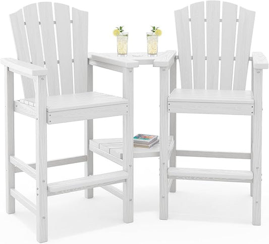 KINGYES Embossed Balcony Chair, Tall Adirondack Chair Set of 2, All Weather HDPE Bar Height Adirondack Chair with Double Connecting Trays, Outdoor Adirondack Barstools, High Airondack Chair, White