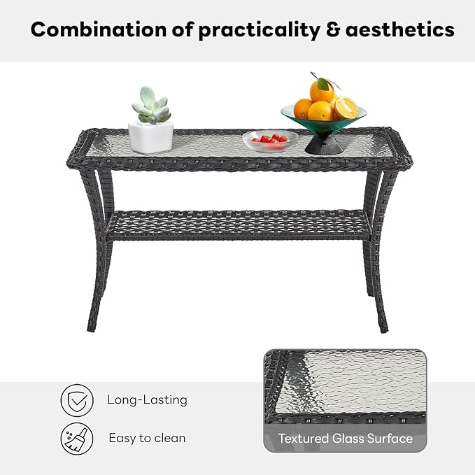 Belord 38 Inch Outdoor Coffee Table with 2 Tier Storage - Wicker Coffee Table with Water Ripple Texture Tempered Glass - Photo 6