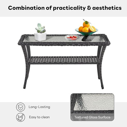 Belord 38 Inch Outdoor Coffee Table with 2 Tier Storage - Wicker Coffee Table with Water Ripple Texture Tempered Glass Top, All Weather Patio Coffee Table for Deck Porch Balcony Garden Black