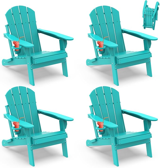 IVY&LANE Folding-Adirondack-Chairs-Set-of-4 | HDPE Plastic | Outdoor Fire Pit Chair with Cup Holder | Aqua | Poly | Weather Resistant | for Patio Deck Poolside Garden Beach