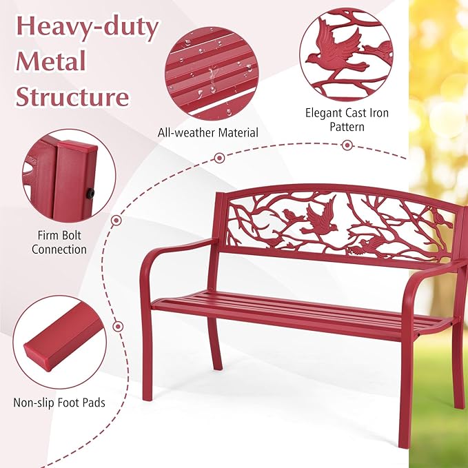 Tangkula Metal Outdoor Garden Bench Park Bench, Patio Bench with Bird & Twig Cast Iron Back Pattern - Photo 6